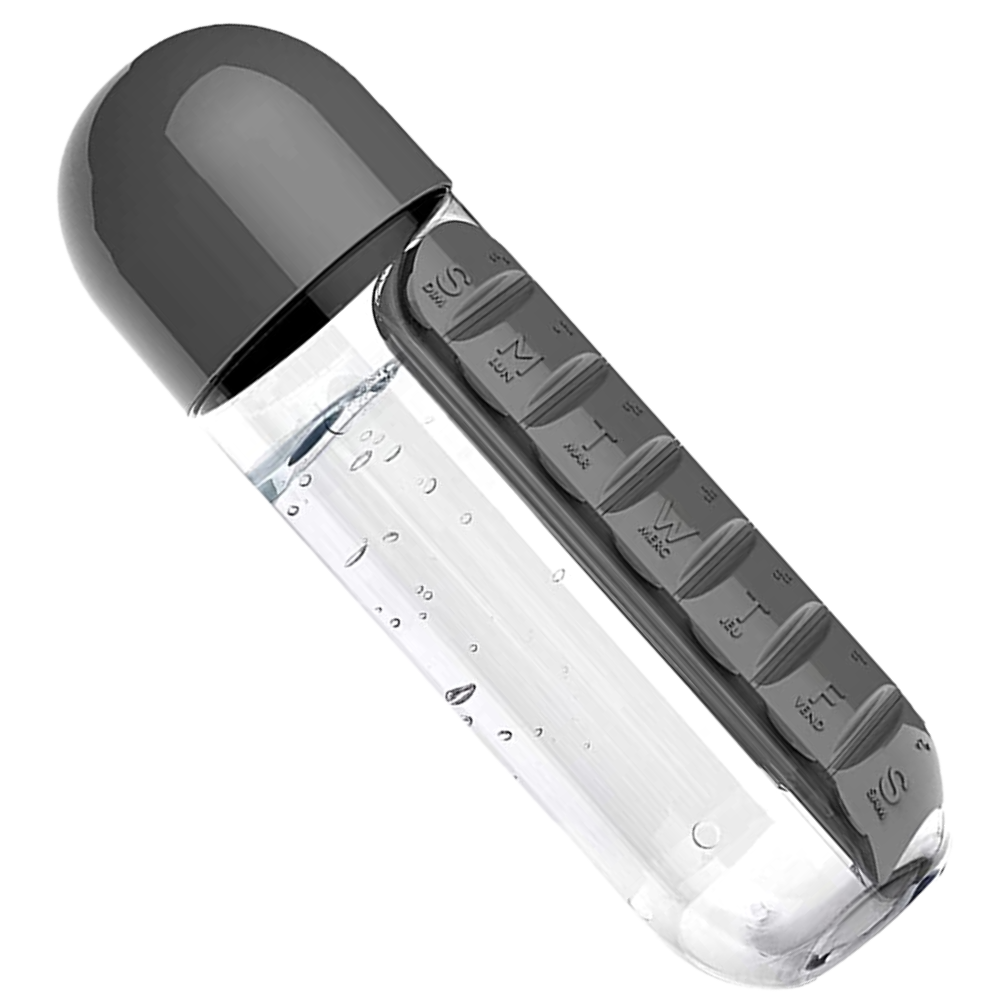 Vattenflaska i plast med tabletthållare