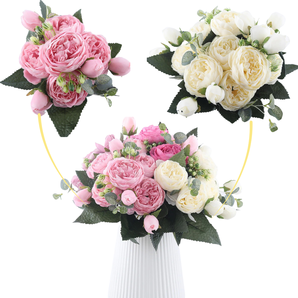Konstgjorda pioner och rosor i silke Blombukett - Ozerty