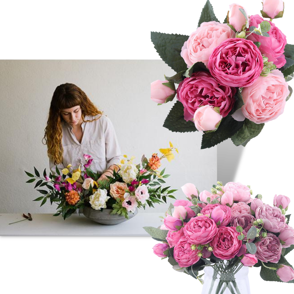 Konstgjorda pioner och rosor i silke Blombukett - Ozerty