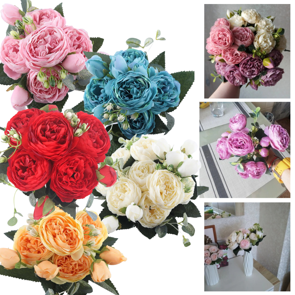 Konstgjorda pioner och rosor i silke Blombukett - Ozerty