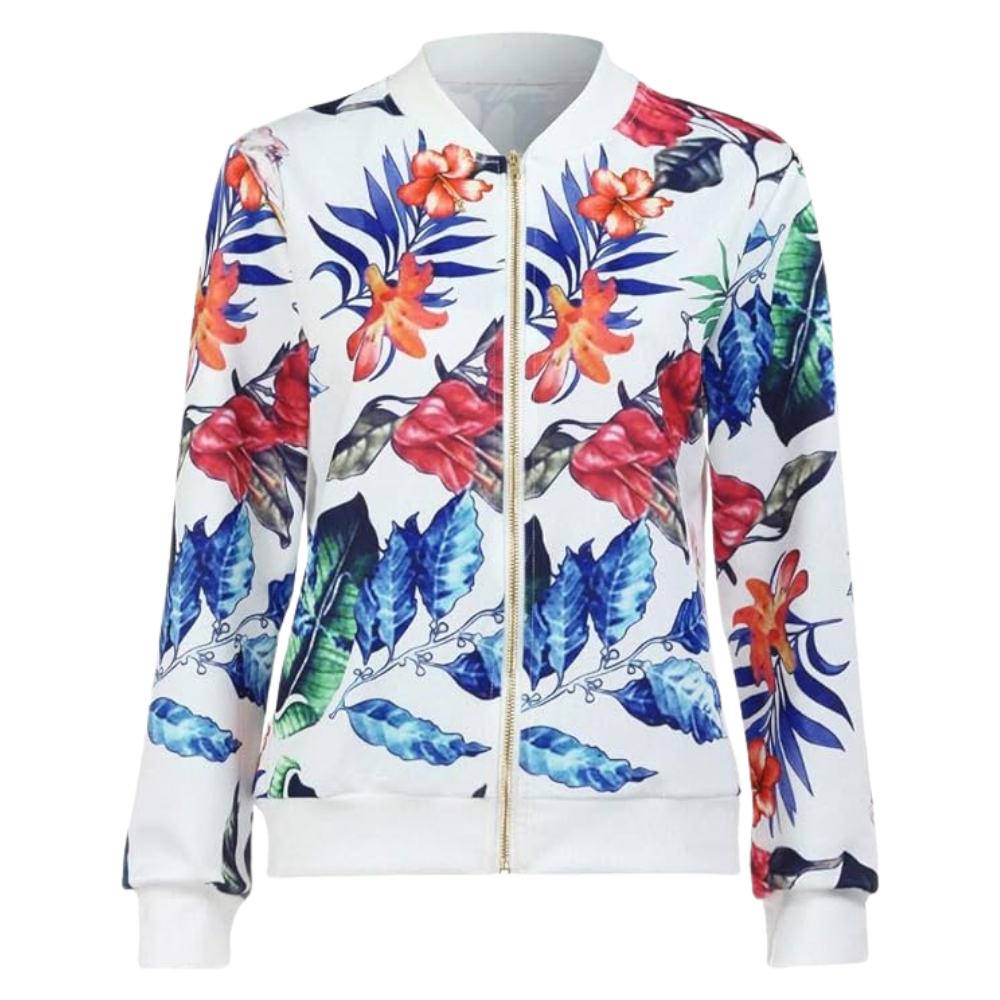 Långärmad bomberjacka med blommor -Vit/SVit/MVit/LVit/XLVit/XXLVit/3XLVit/4XLVit/5XL - Ozerty