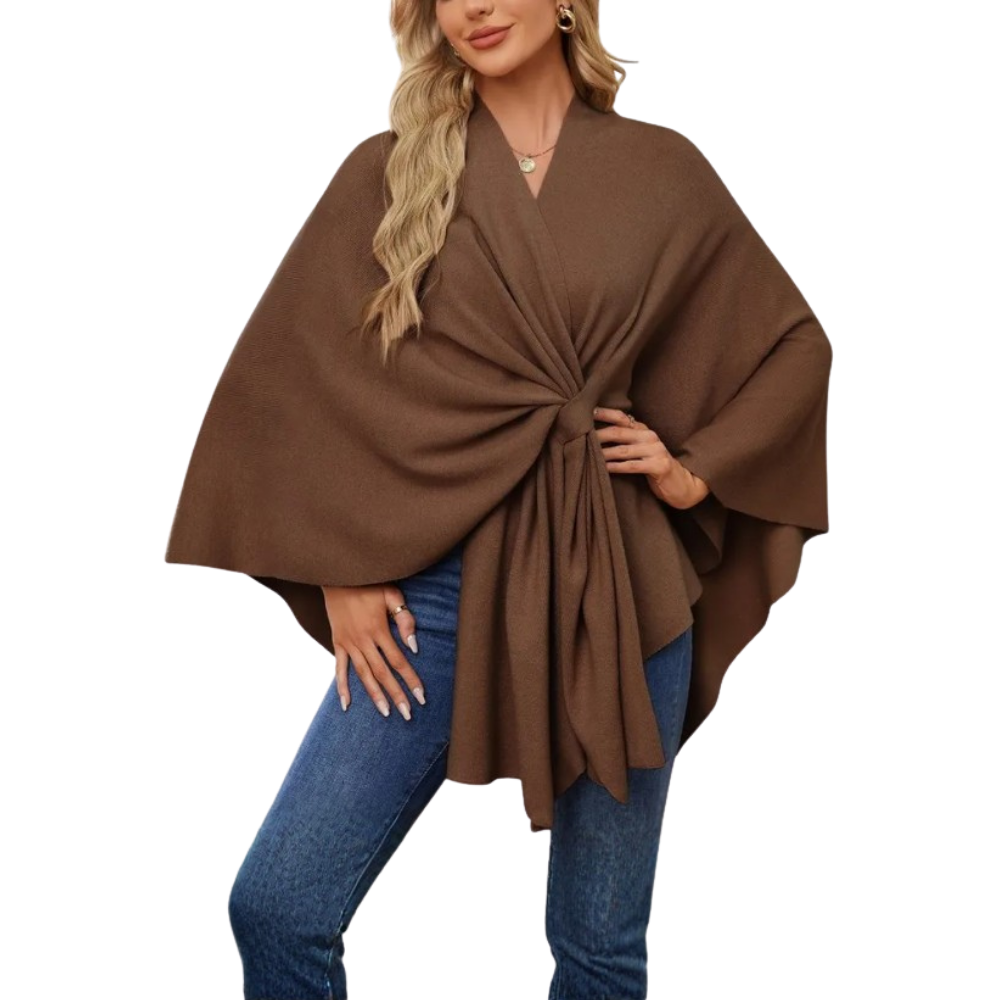 Chic stickad poncho för kvinnor -Kaffe - Ozerty
